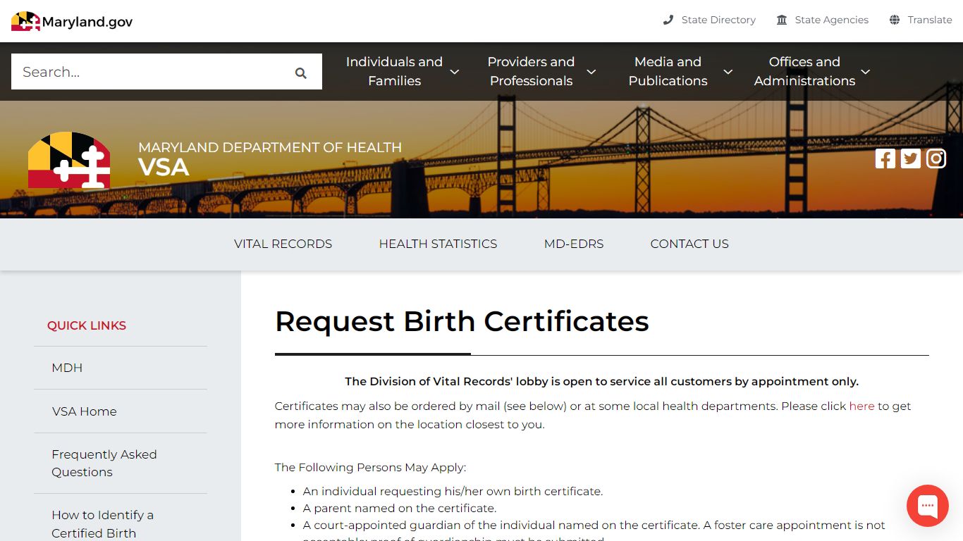 Maryland Department of Health birth